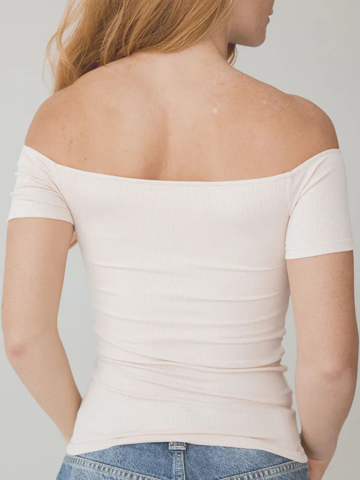 Klassy Ribbed Off The Shoulder Braless Short Sleeve