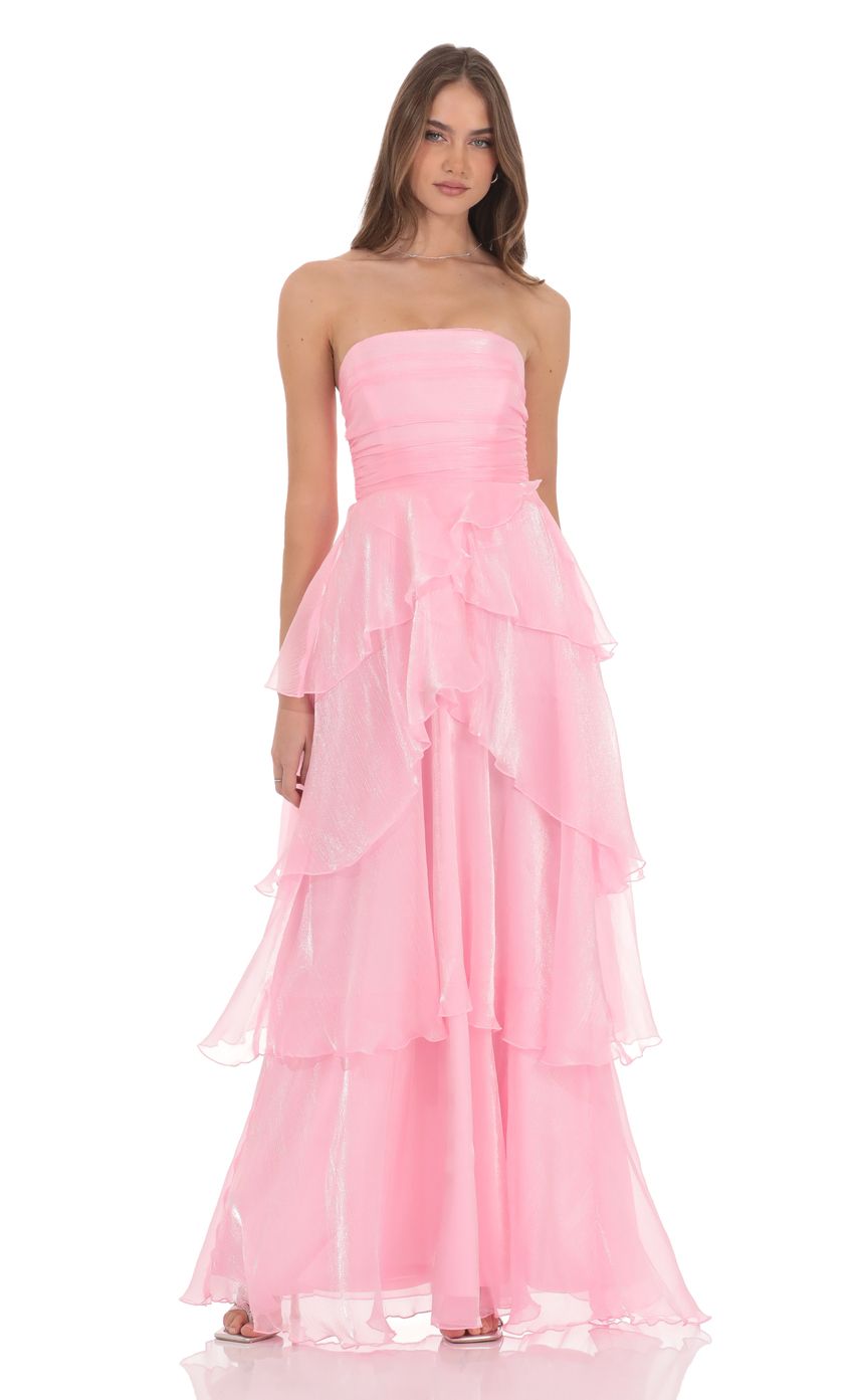 Lucy In The Sky Corset Petal Ruffle Strapless Maxi Dress in Pink
