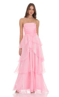 Lucy In The Sky Corset Petal Ruffle Strapless Maxi Dress in Pink