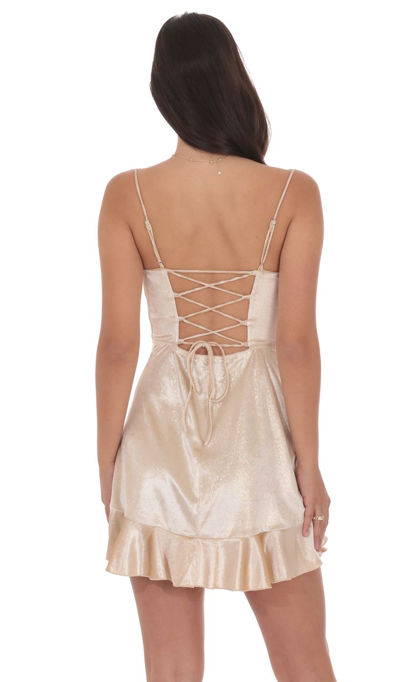 Lucy In The Sky Foil Velvet Ruffled Slit Dress in Gold