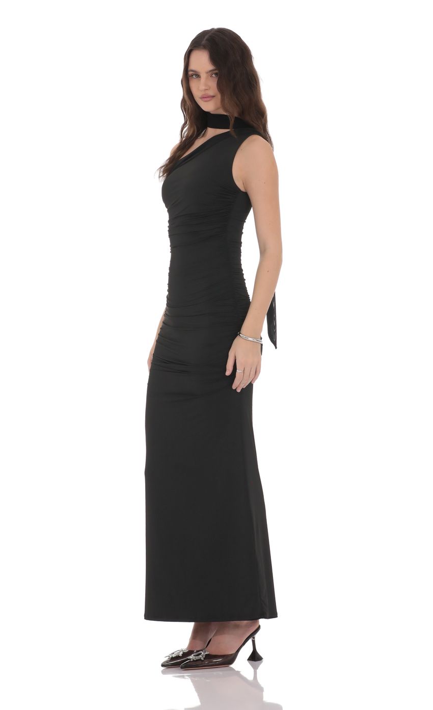 Lucy In The Sky One Shoulder Scarf Wrap Maxi Dress in Black