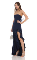 Lucy In The Sky Strapless Back Bow Corset Maxi Dress in Navy