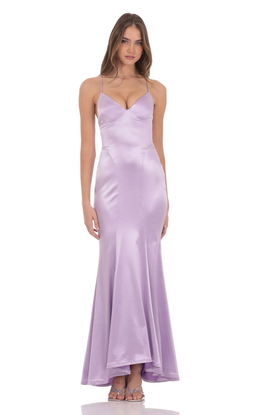 Lucy In The Sky Satin Open Back Mermaid Maxi Dress in Lavender