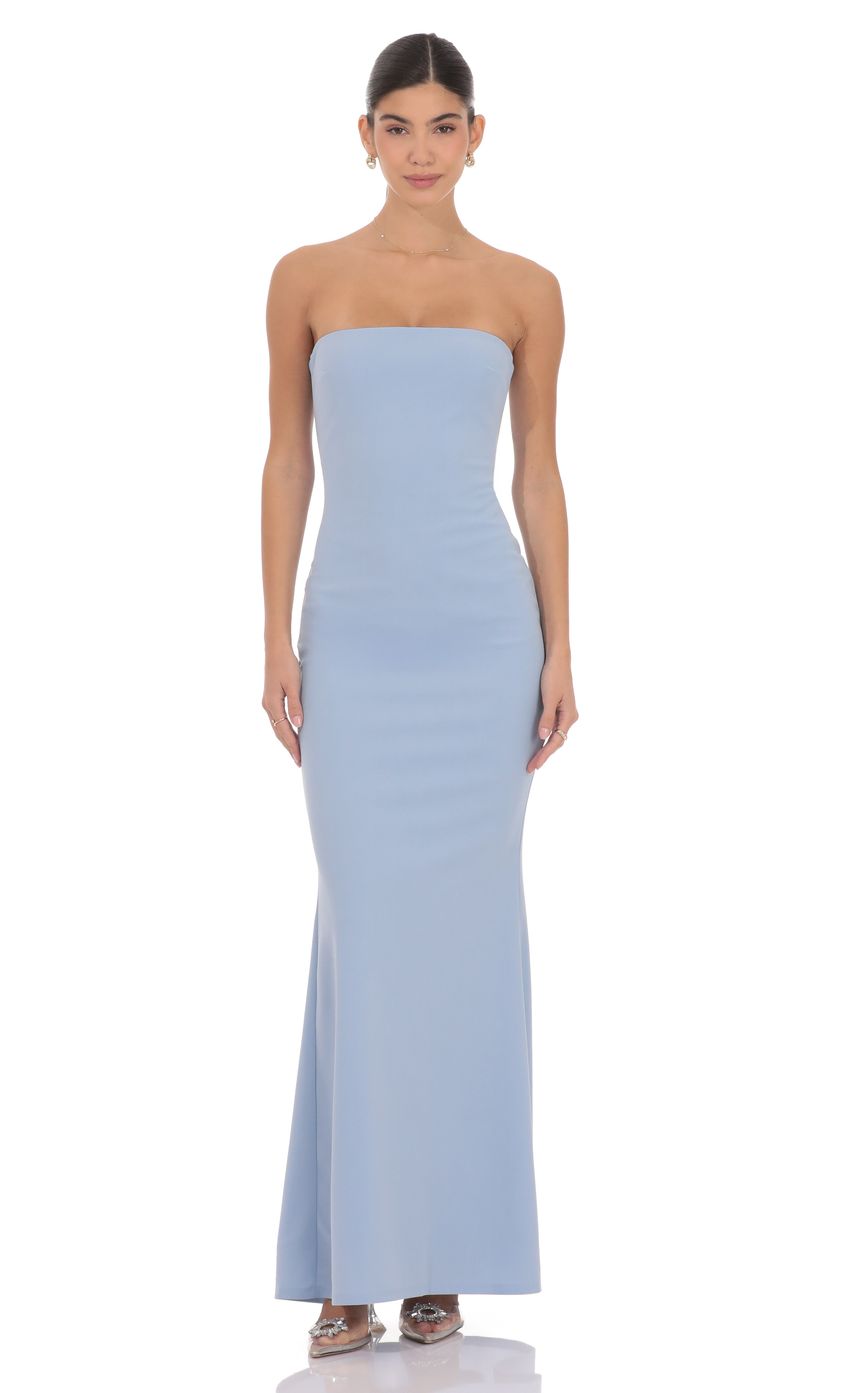 Lucy In The Sky Back Bow Strapless Maxi Dress in Light Blue