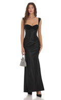 Lucy In The Sky Satin Lace-Bust Dress in Black