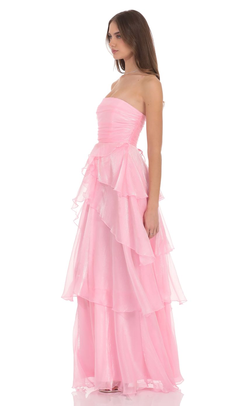 Lucy In The Sky Corset Petal Ruffle Strapless Maxi Dress in Pink