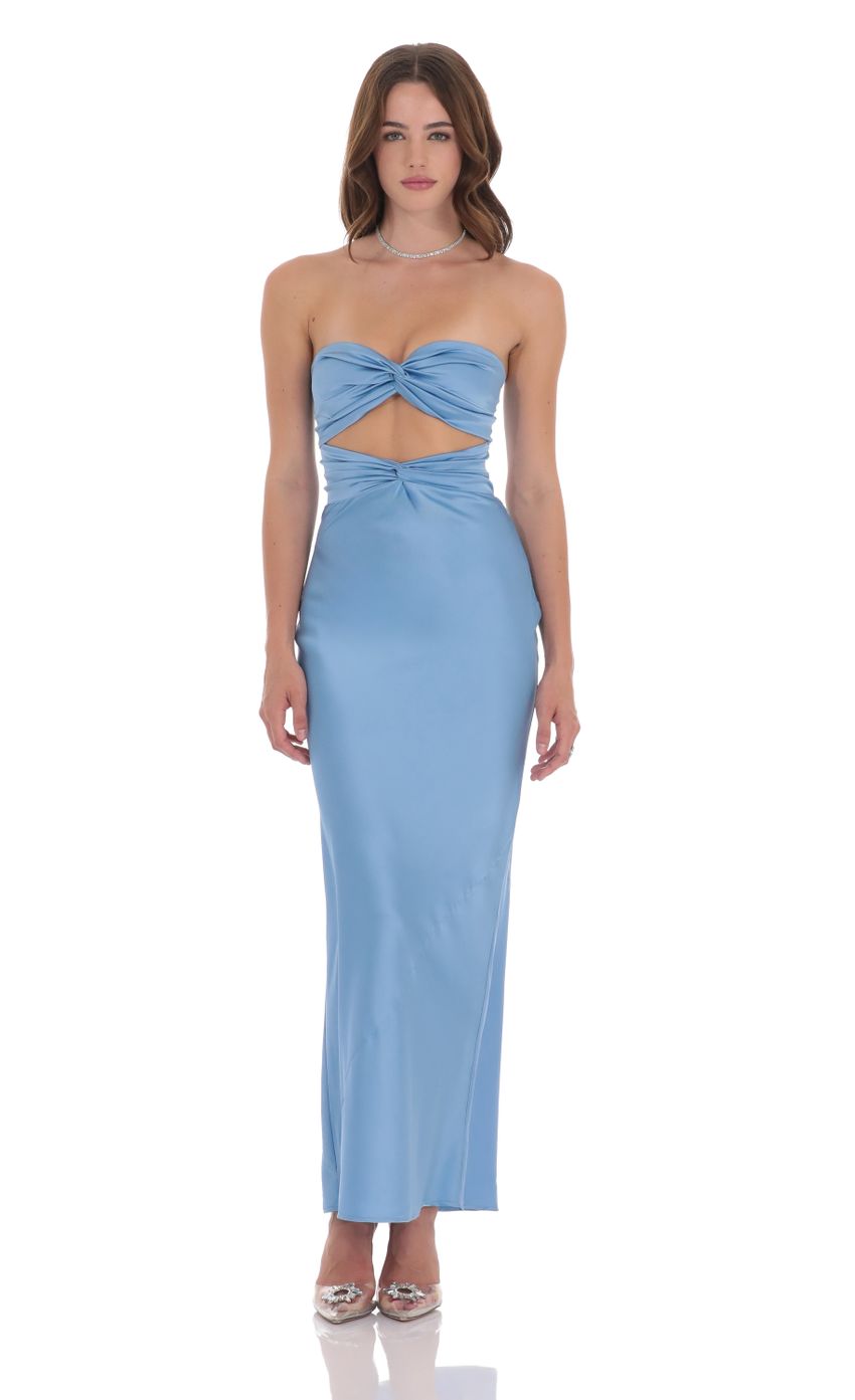 Lucy In The Sky Satin Twist Cutout Maxi Dress in Light Blue