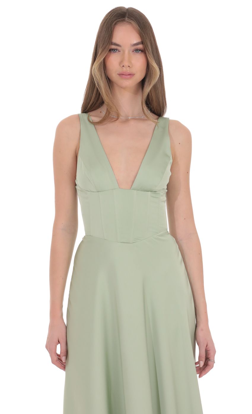 Lucy In The Sky Satin Plunge Neck Corset Maxi Dress in Sage