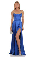Lucy In The Sky Satin Slit Maxi Dress in Blue