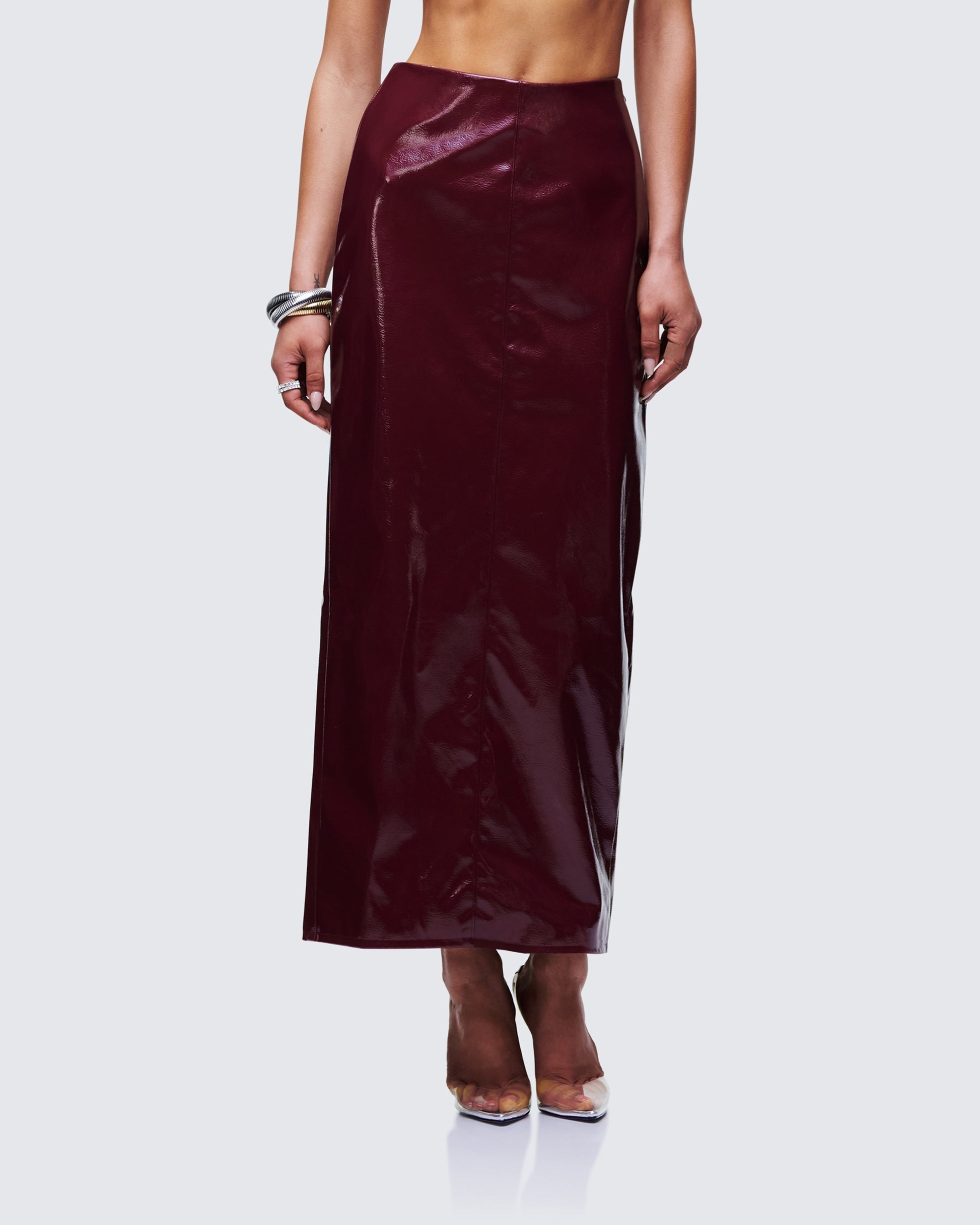 Finesse Matilde Plum Vegan Leather Pencil Midi Skirt