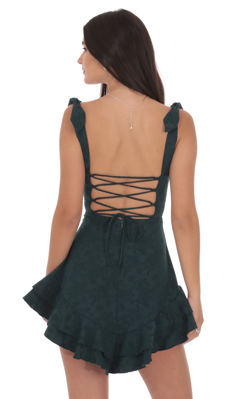 Lucy In The Sky Floral Jacquard Ruffle A-line Dress in Forest Green