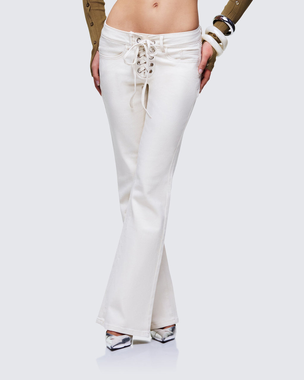 Finesse Abiola Ivory Denim Lace Up Jeans