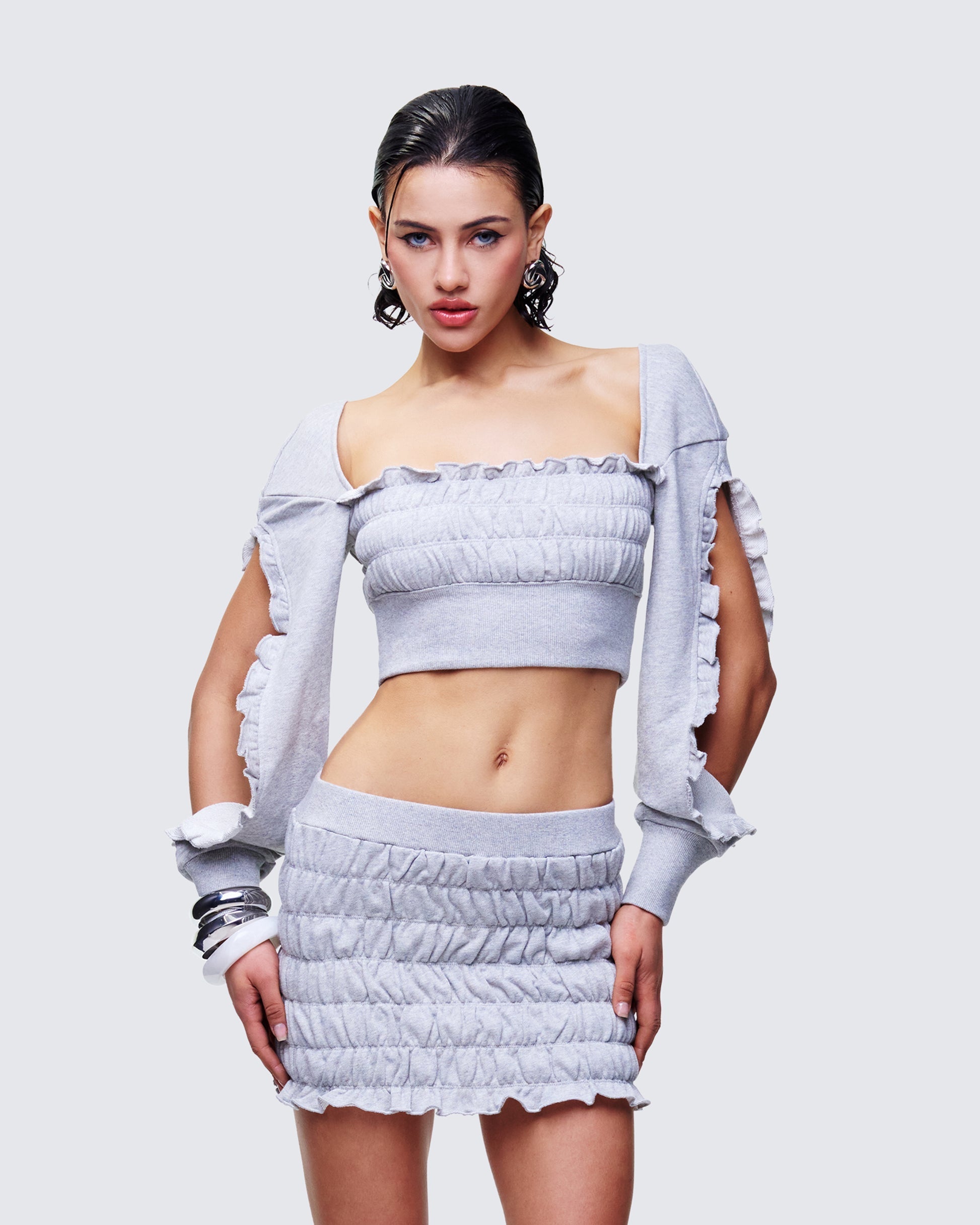 Finesse Sonet Grey Knit Ruffle Edge Open Sleeve Top