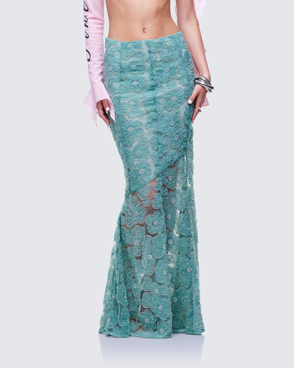 Finesse Delancy Green Embroidered Maxi Skirt