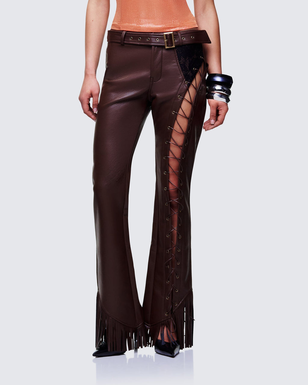 Finesse Liora Brown Vegan Leather Laced Pants