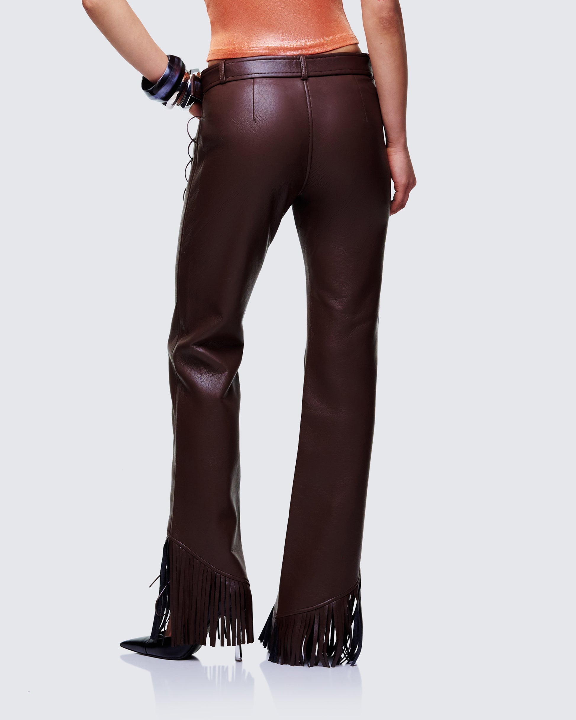 Finesse Liora Brown Vegan Leather Laced Pants