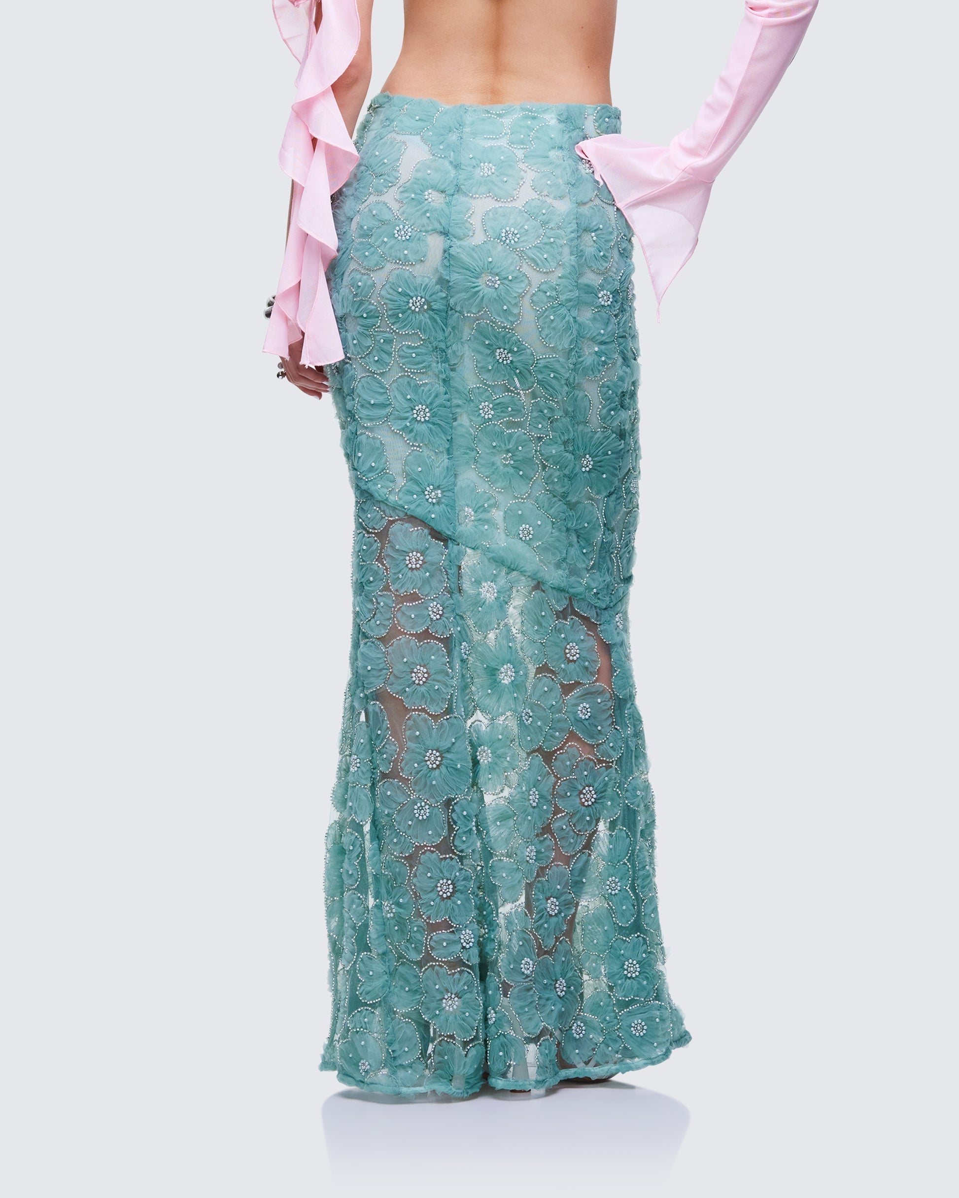 Finesse Delancy Green Embroidered Maxi Skirt