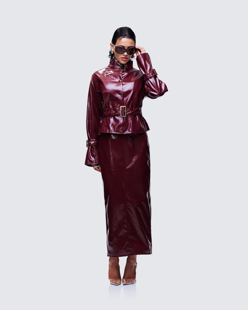 Finesse Matilde Plum Vegan Leather Pencil Midi Skirt