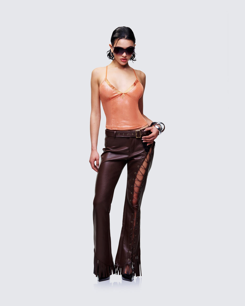 Finesse Liora Brown Vegan Leather Laced Pants