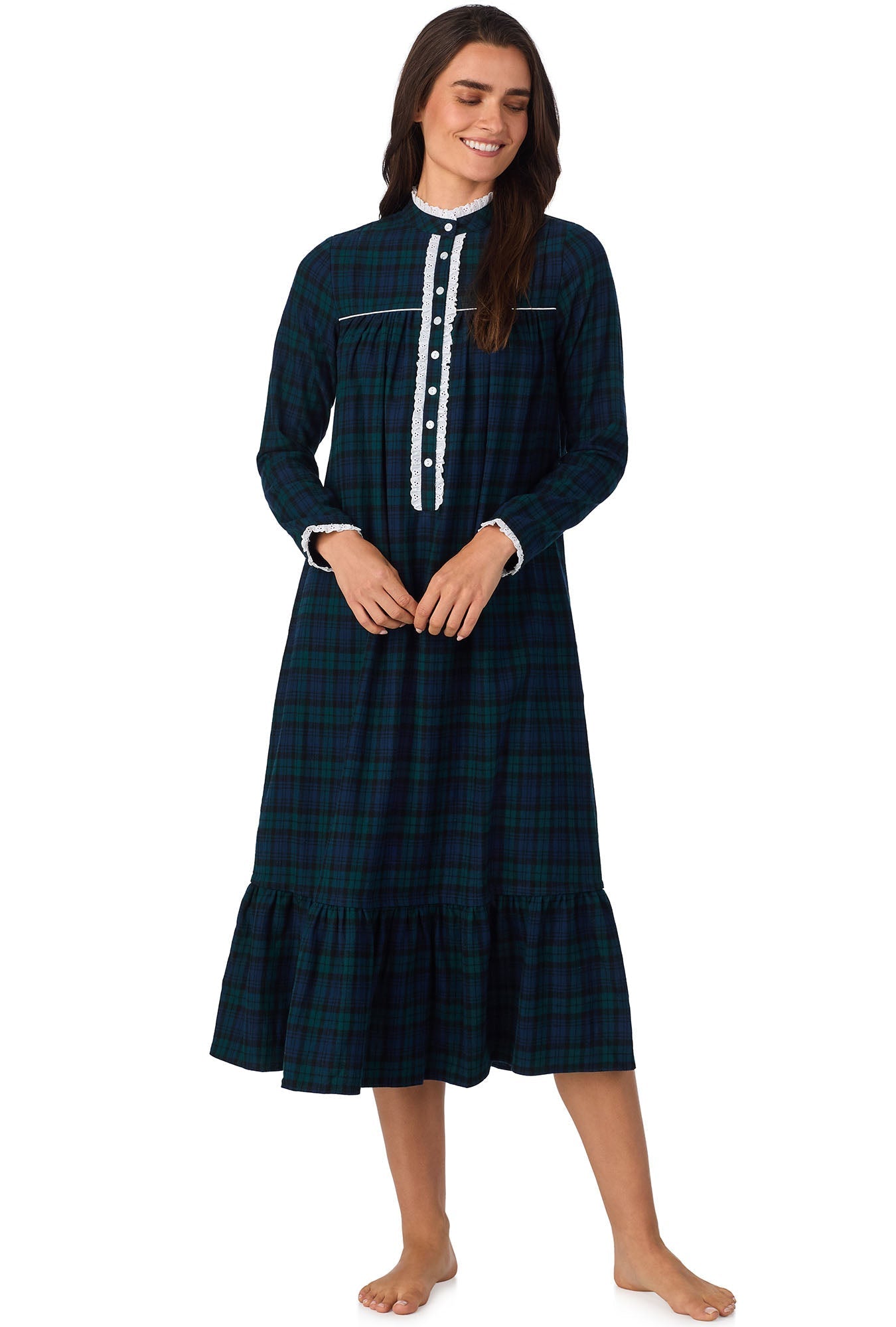 Lanz of Salzburg Women's Black Watch Plaid L Highneck Flannel Gown