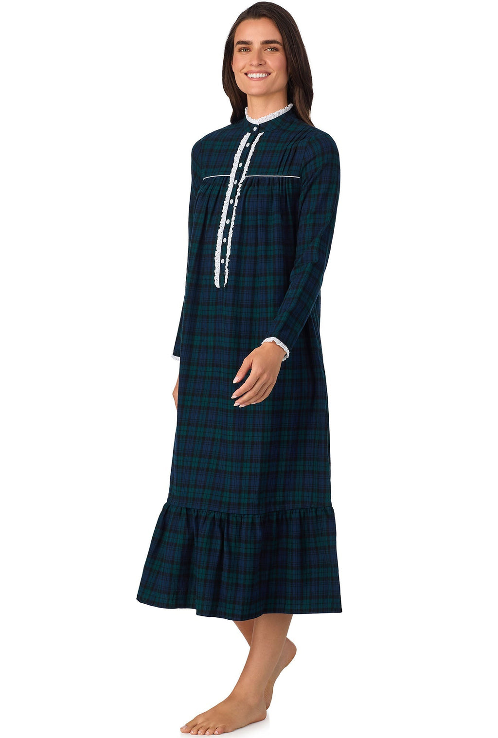 Lanz of Salzburg Women's Black Watch Plaid L Highneck Flannel Gown