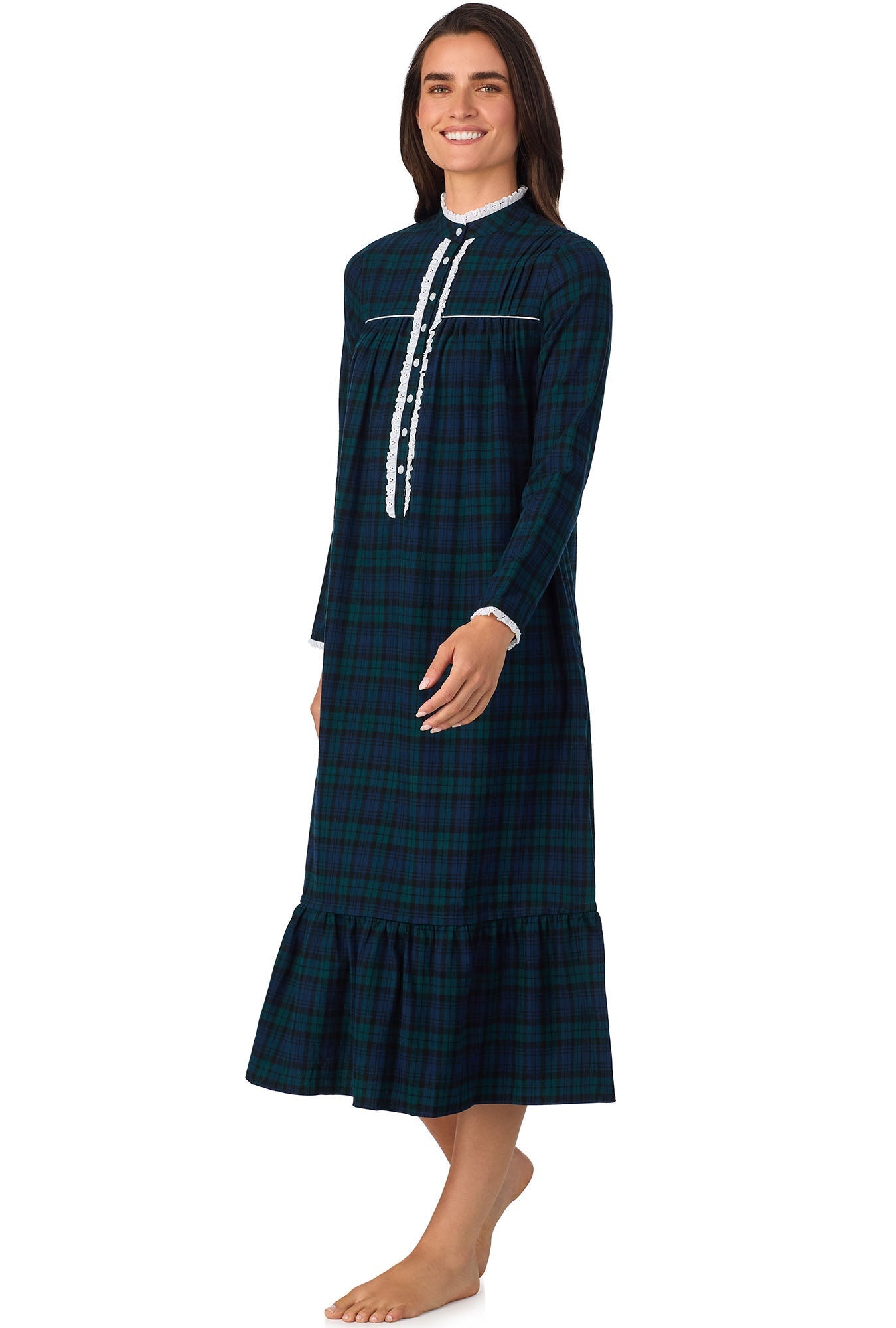 Lanz of Salzburg Women's Black Watch Plaid L Highneck Flannel Gown