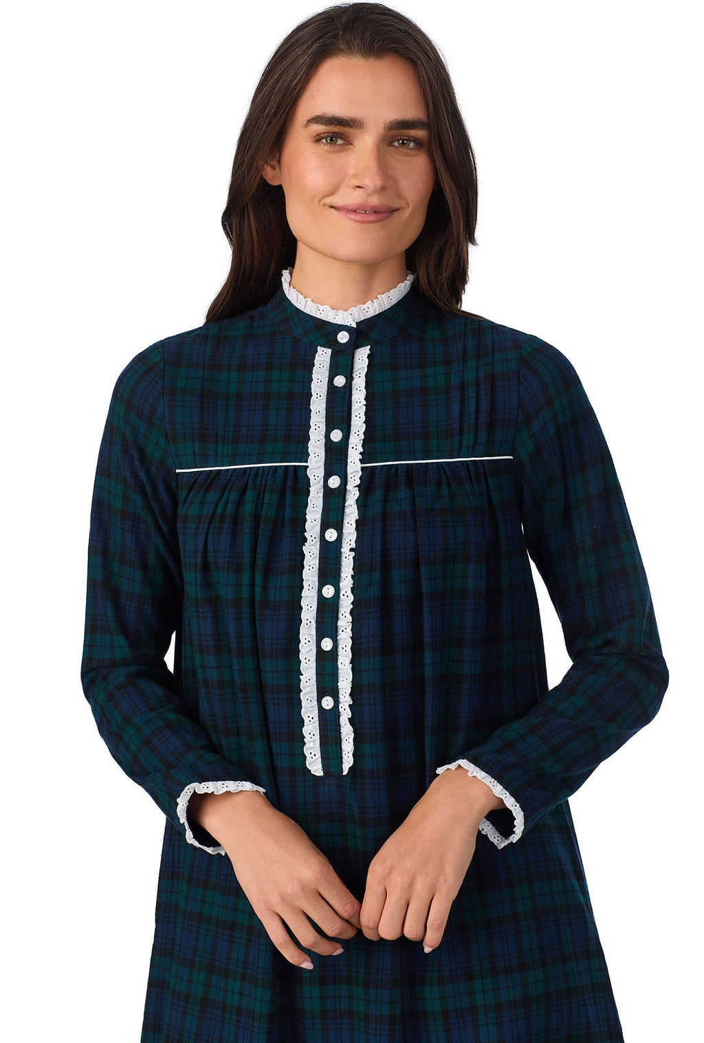 Lanz of Salzburg Women's Black Watch Plaid L Highneck Flannel Gown