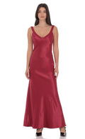 Lucy In The Sky Satin Open Back Maxi Dress in Maroon