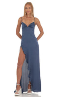Lucy In The Sky Satin Ruffle Maxi Dress in Blue