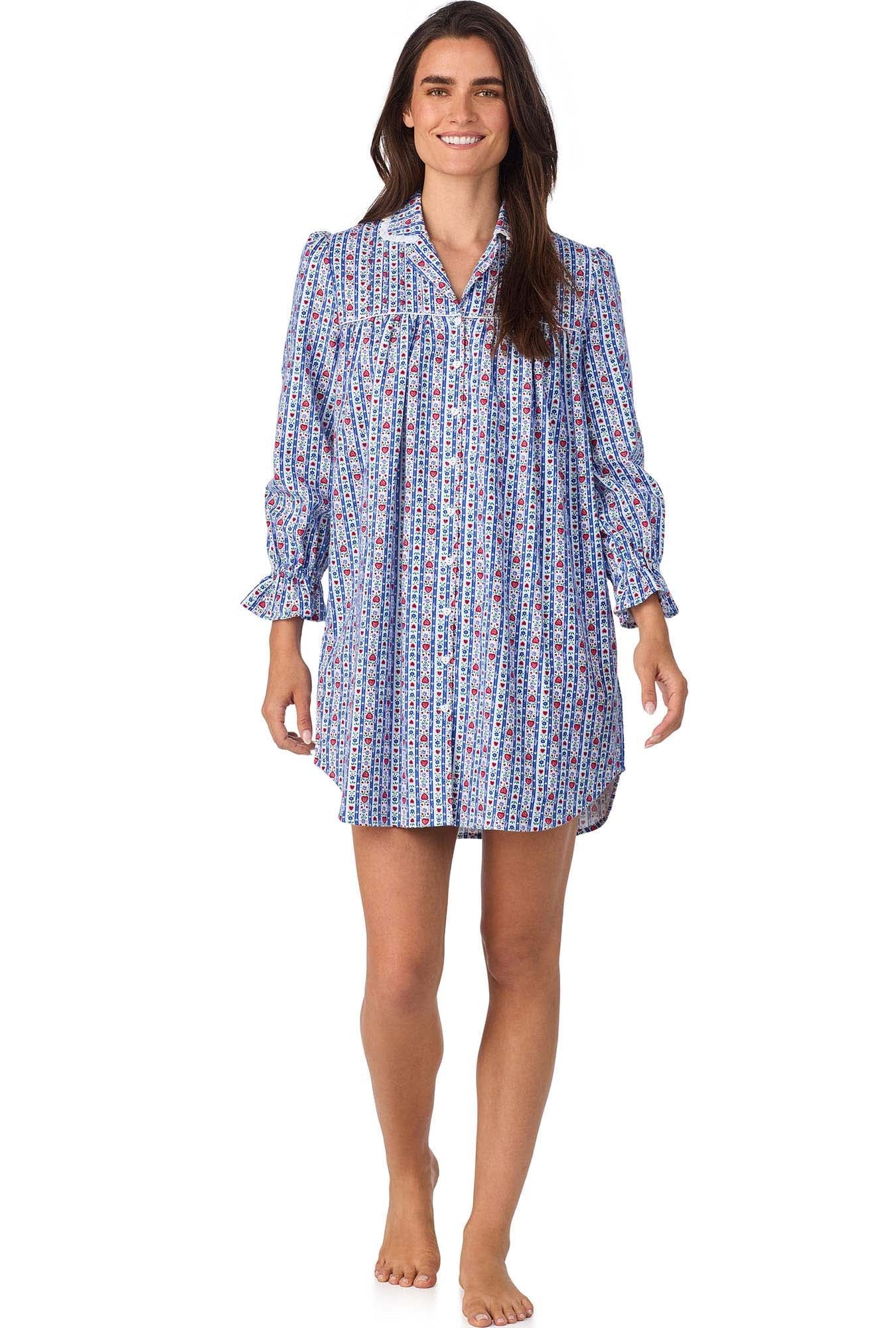 Lanz of Salzburg Women's Classic Blue Tyrolean Stripe Flannel Nightshirt