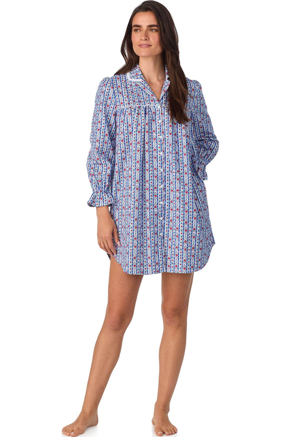 Lanz of Salzburg Women's Classic Blue Tyrolean Stripe Flannel Nightshirt
