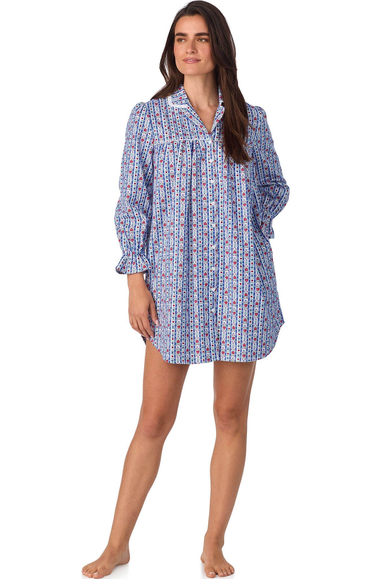 Lanz of Salzburg Women's Classic Blue Tyrolean Stripe Flannel Nightshirt