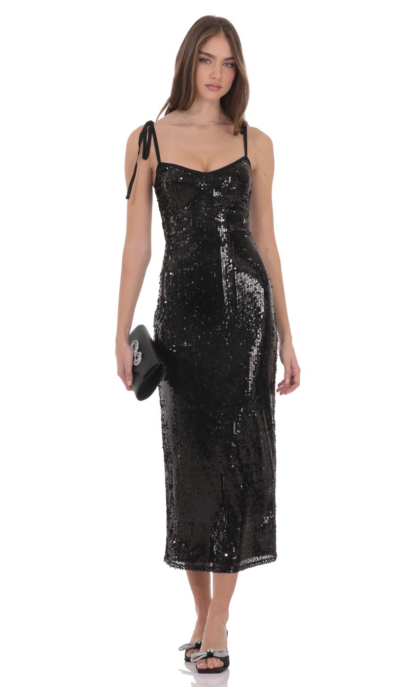 Lucy In The Sky Sequin Shoulder Tie Maxi Dress in Black
