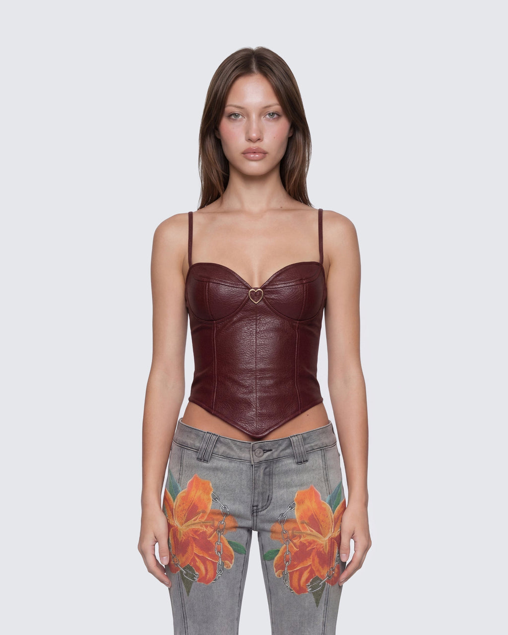 Finesse Sway Burgundy Leather Look Gold Trim Corset Top
