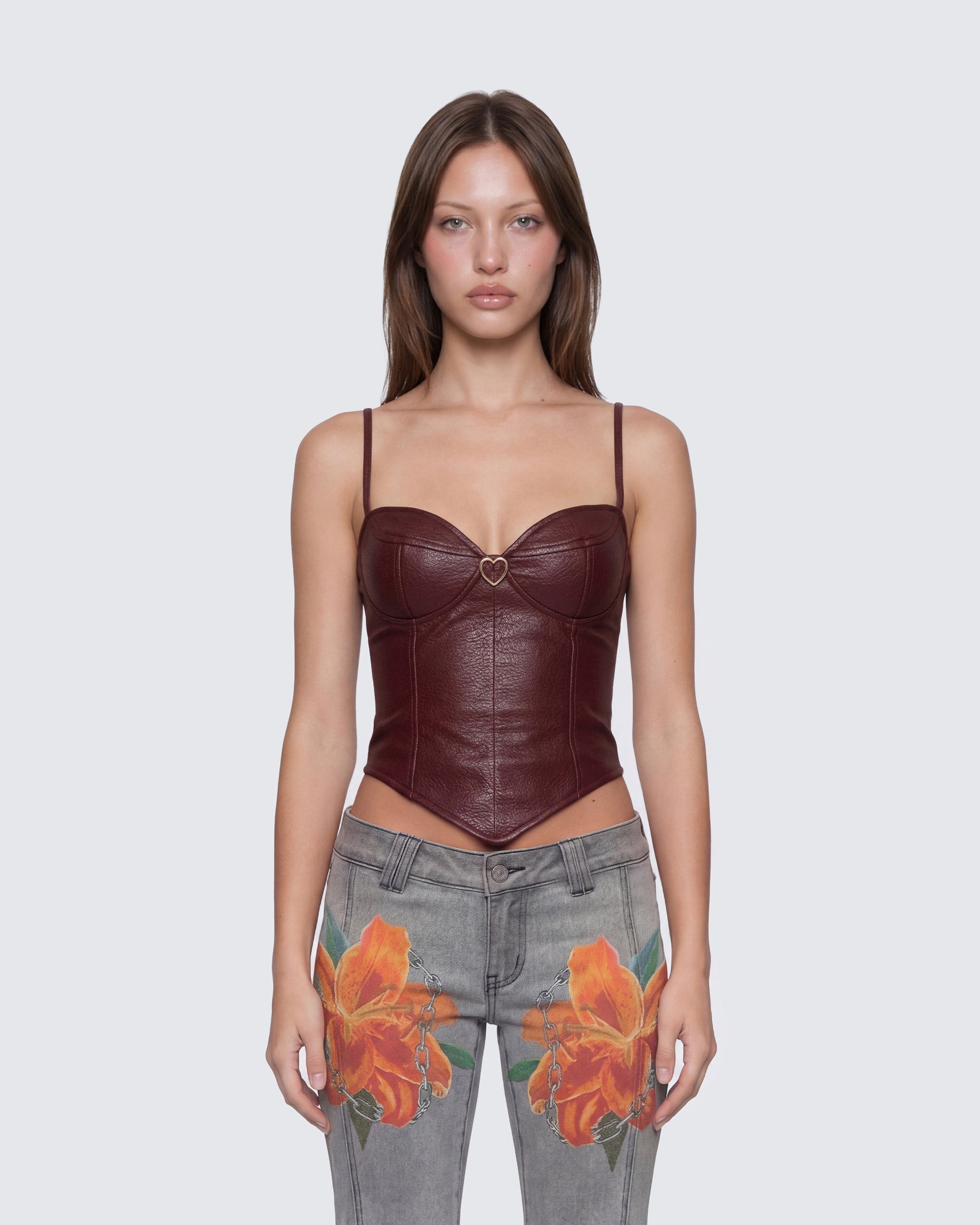 Finesse Sway Burgundy Leather Look Gold Trim Corset Top