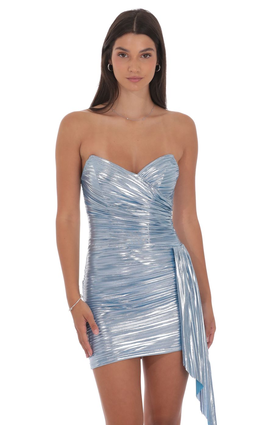Lucy In The Sky Metallic Corset Tassel Dress in Light Blue
