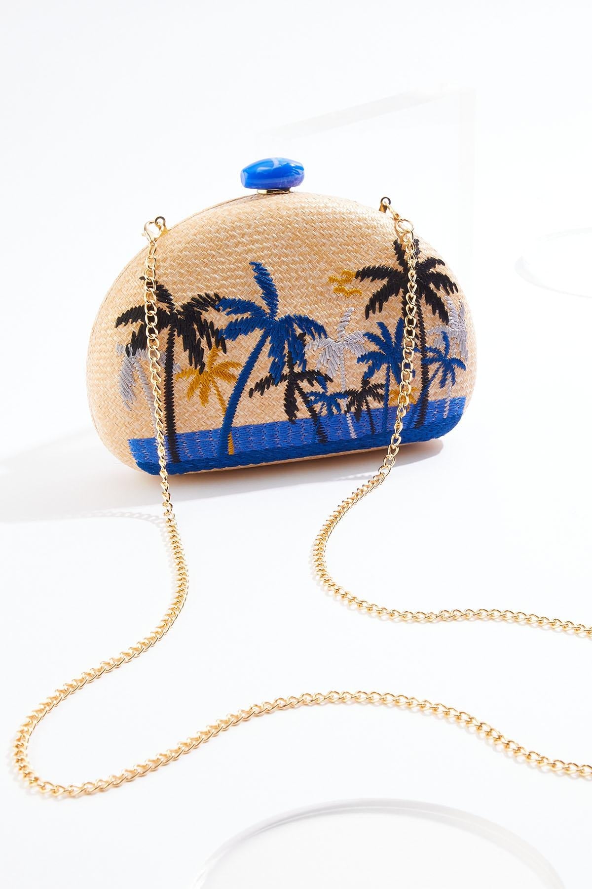 Cato Fashions Tropical Palm Embroidered Raffia Clutch