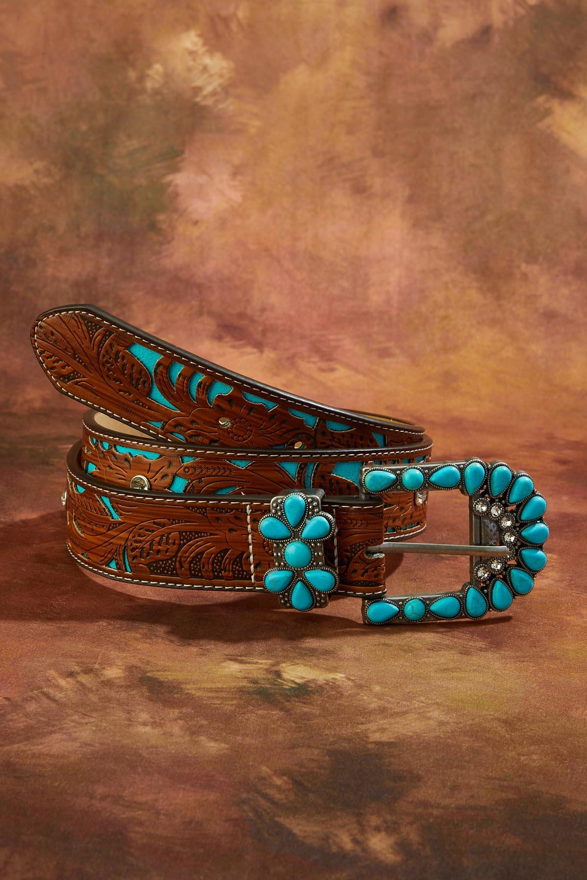 Cato Fashions Plus Size Western Turquoise Laser Cut Faux Leather Belt