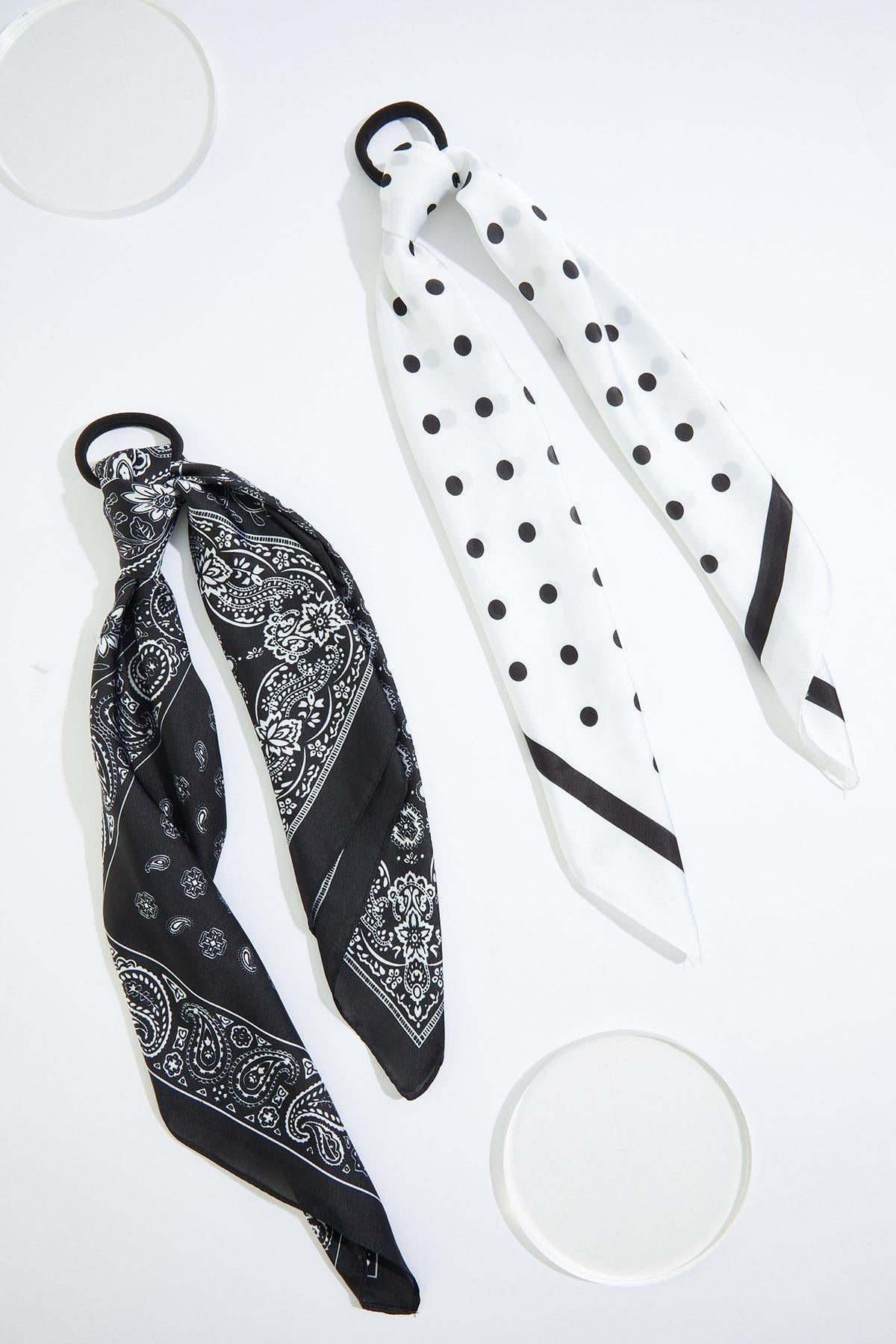 Cato Fashions Black White Silky Scarf Ponytail Holder Set