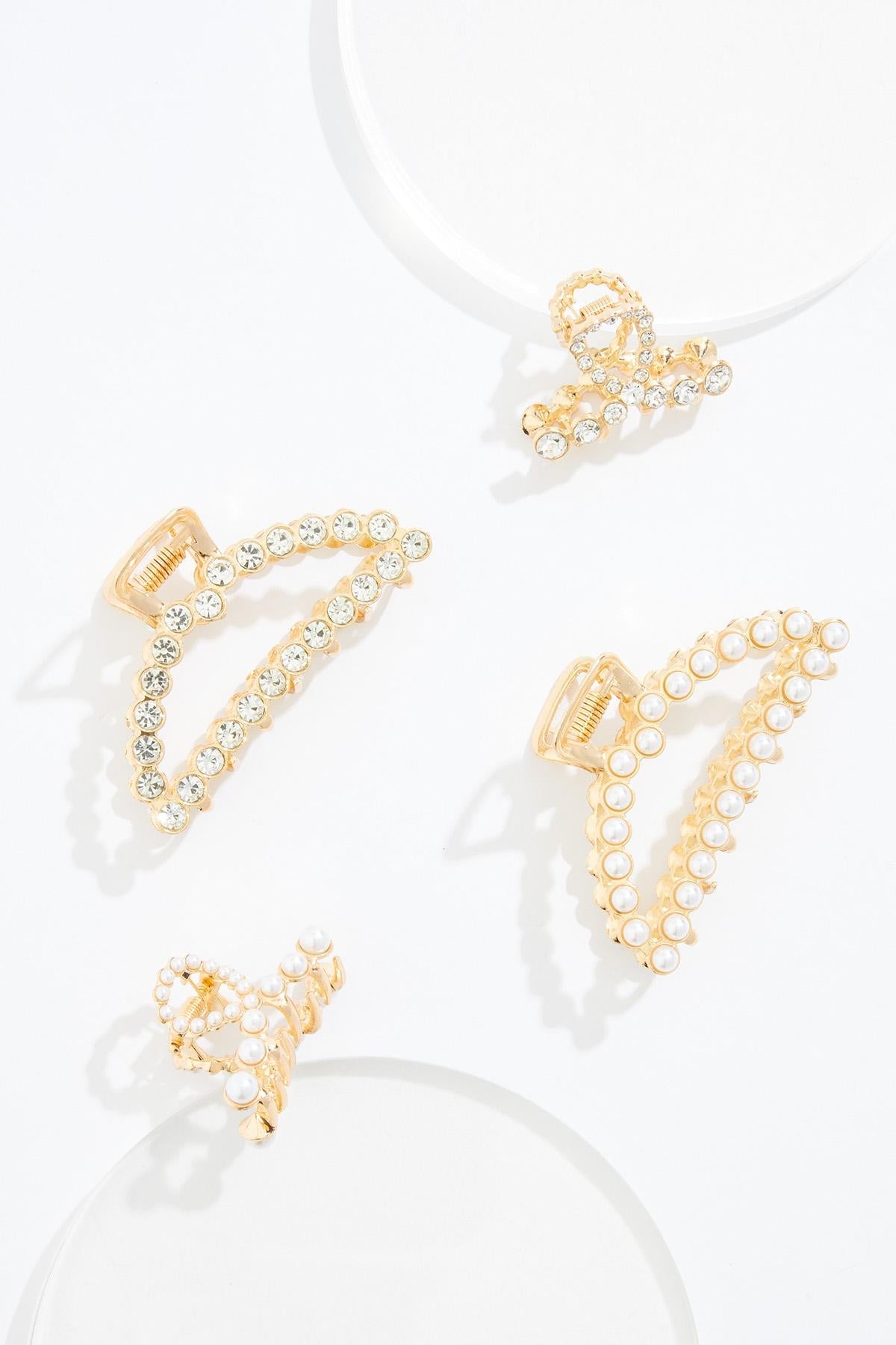 Cato Fashions Gold Pearl Rhinestone Metal Claw Clip Set