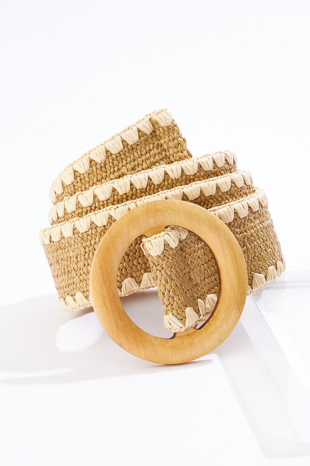 Cato Fashions Whipstitch Raffia Wood Buckle Stretch Belt