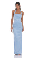 Lucy In The Sky Satin Halter Maxi Dress in Light Blue