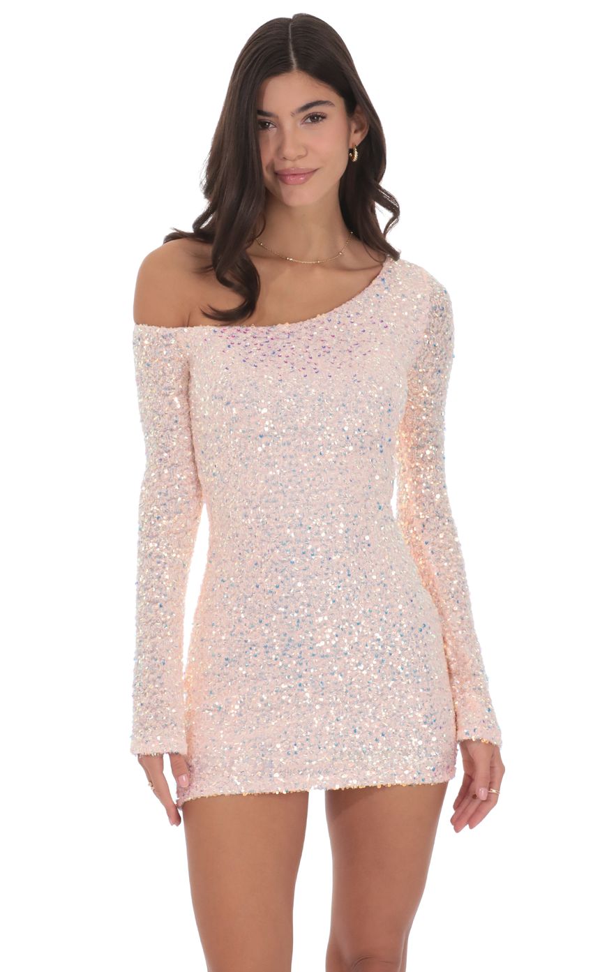 Lucy In The Sky Sequin One Shoulder Bodycon Dress in Light Pink