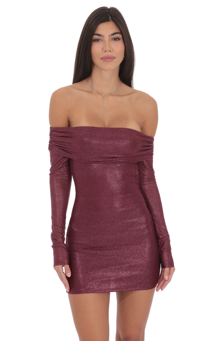 Lucy In The Sky Foil Off Shoulder Dress in Burgundy