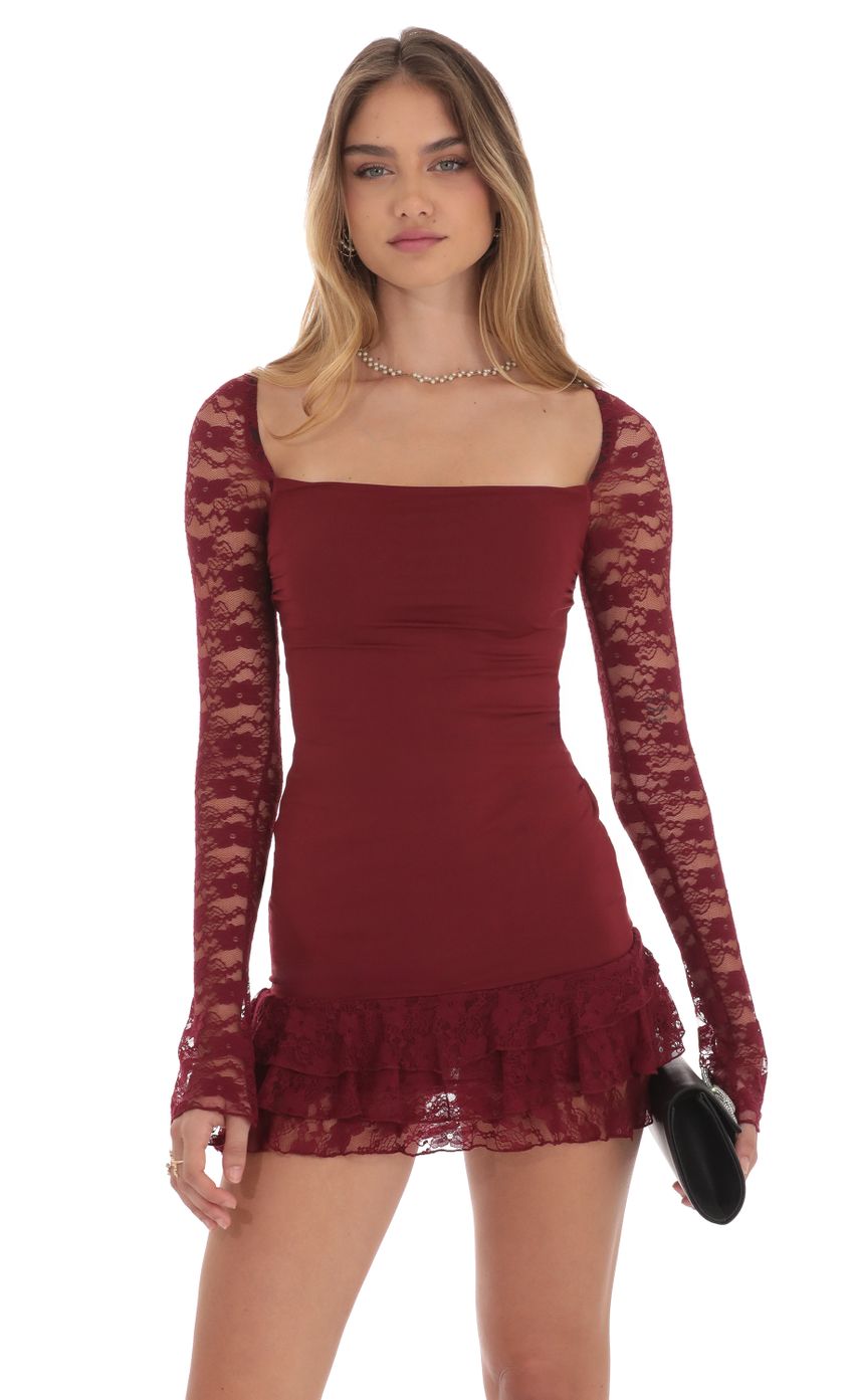 Lucy In The Sky Lace Ruffle Bodycon Dress in Maroon