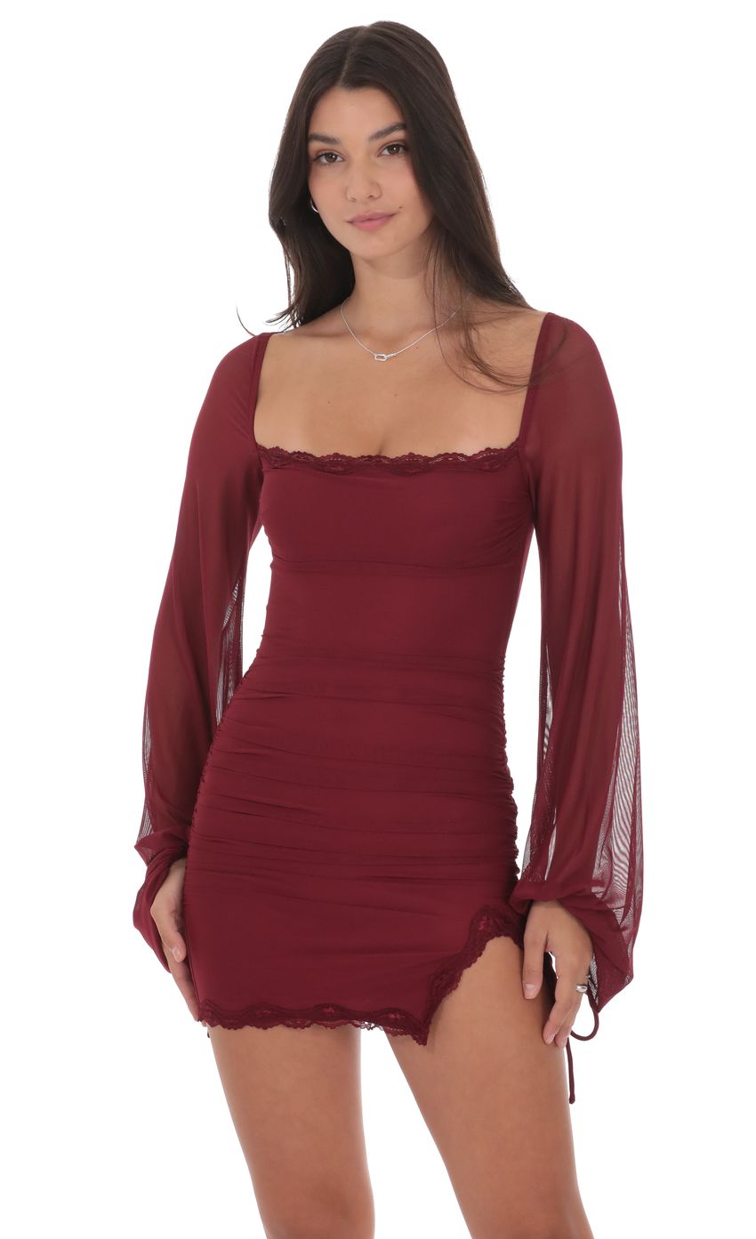 Lucy In The Sky Mesh Lace Ruched Dress in Maroon