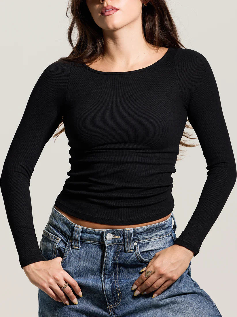 Klassy Ribbed Boat Neck Braless Long Sleeve