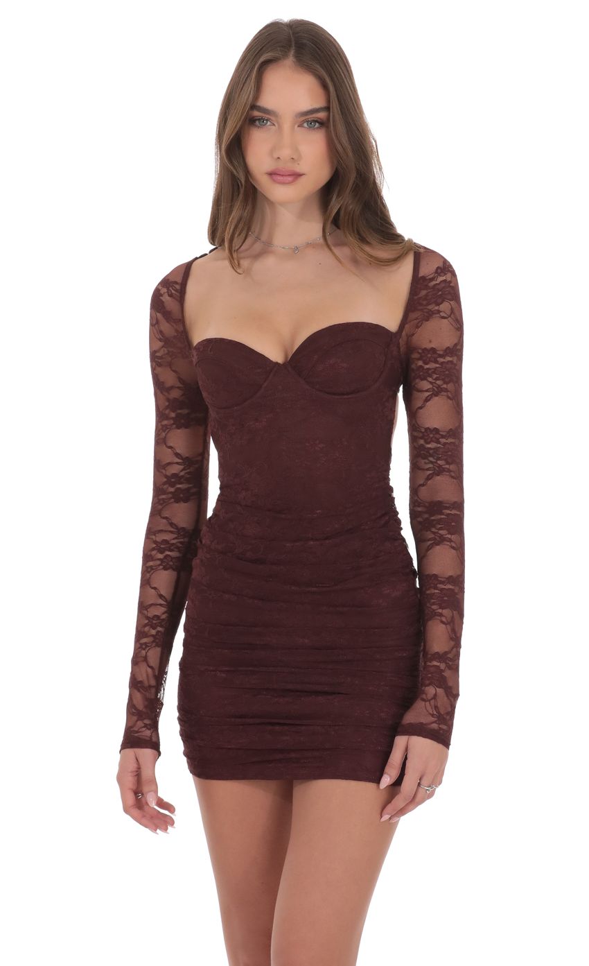 Lucy In The Sky Lace Long Sleeve Bodycon Dress in Brown