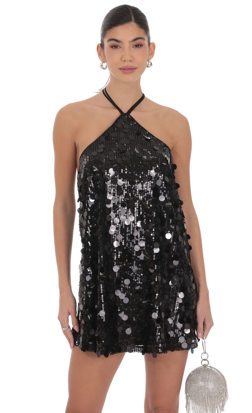 Lucy In The Sky Circle Sequin Halter Shift Dress in Black