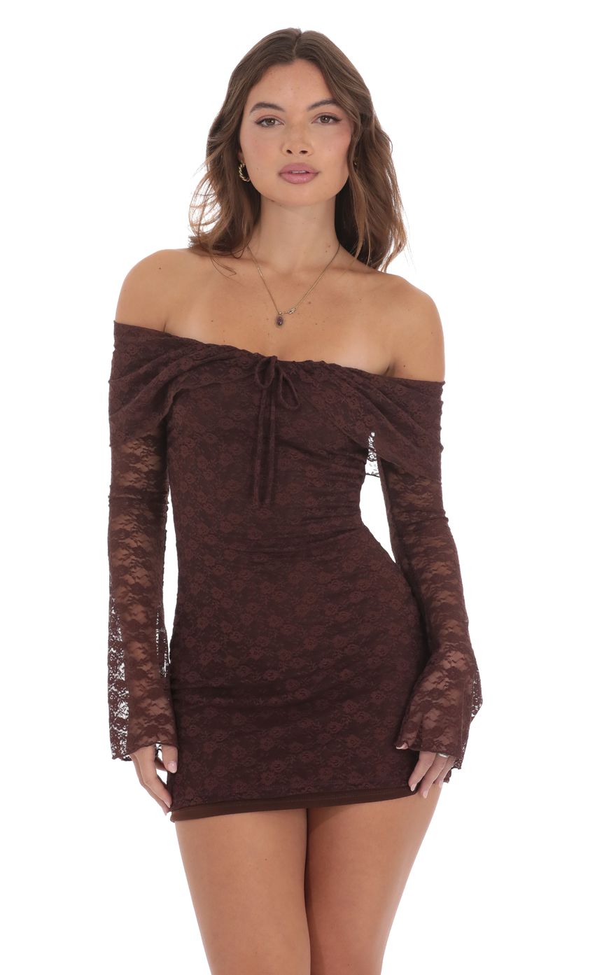 Lucy In The Sky Lace Draped Off Shoulder Dress in Brown